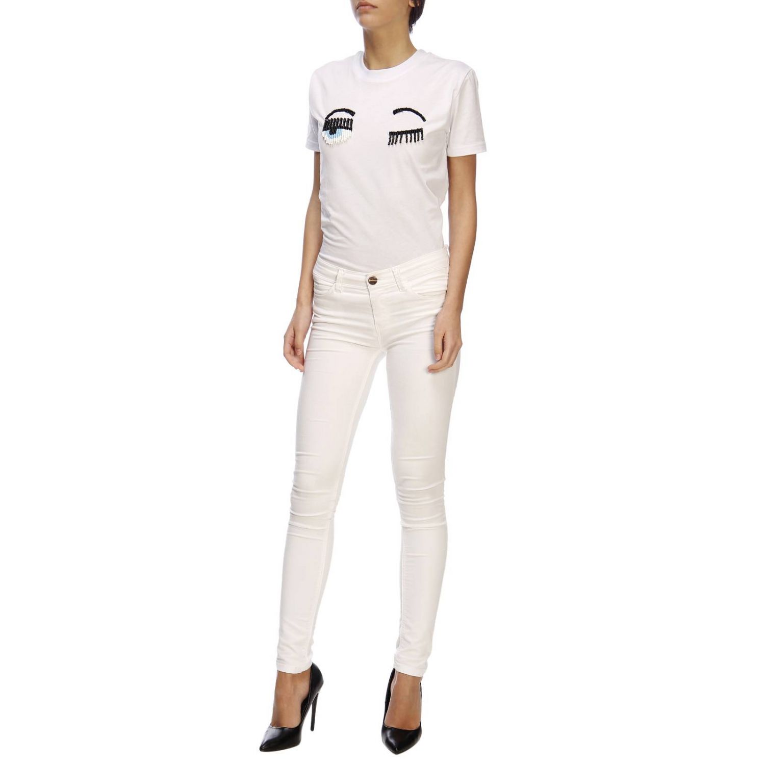 Chiara Ferragni Outlet: T-shirt Flirting con maxi ricamo Eyes di micro  perline - Bianco | T-Shirt Chiara Ferragni CFT055 GIGLIO.COM