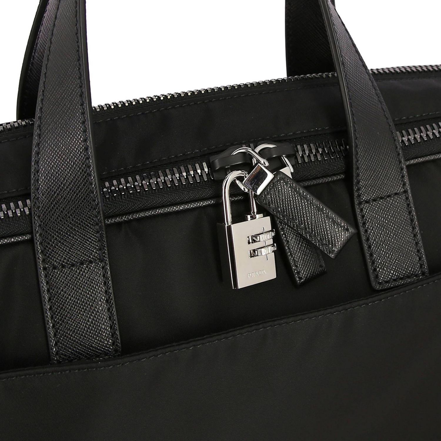 PRADA Full zip work bag in nylon and saffiano leather with triangular
