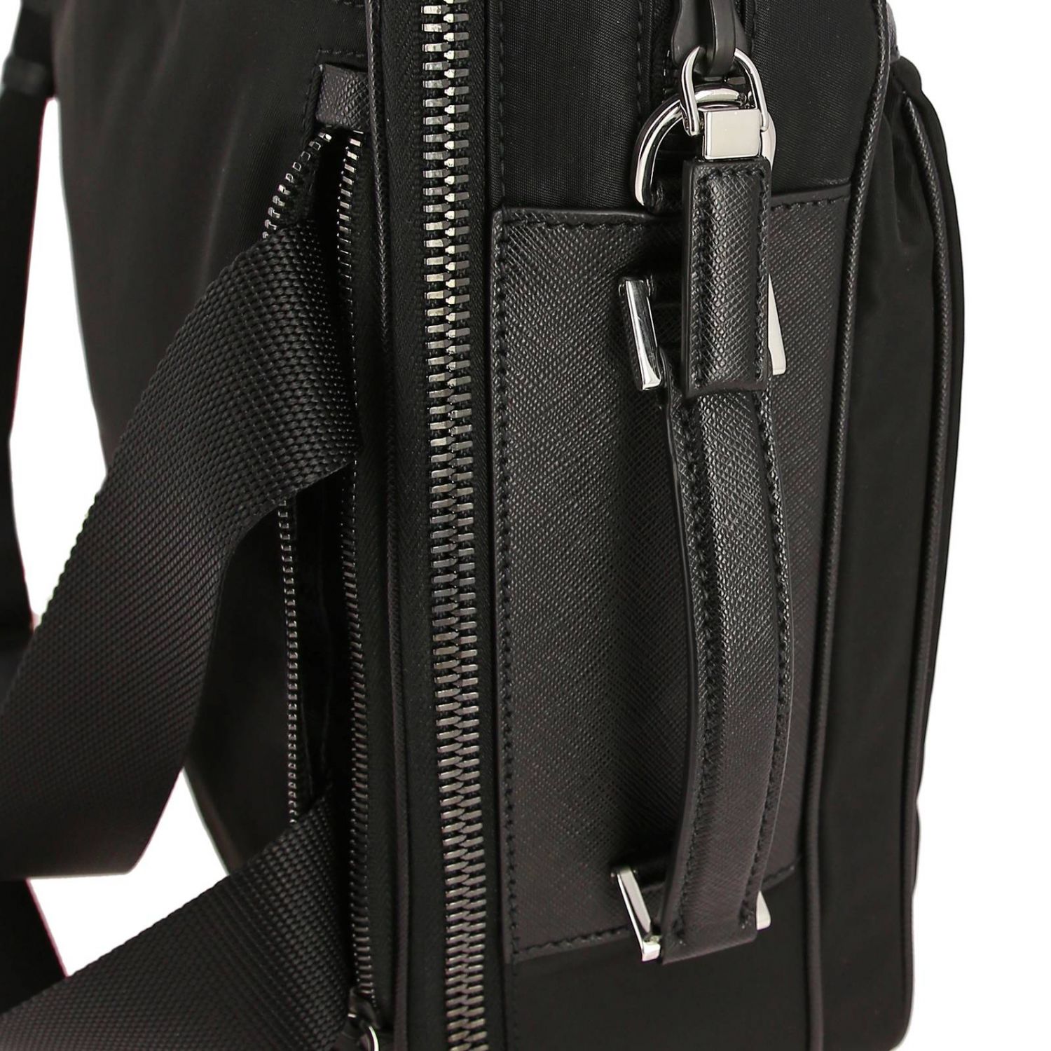 PRADA: Full zip nylon and saffiano leather work bag with triangular ...