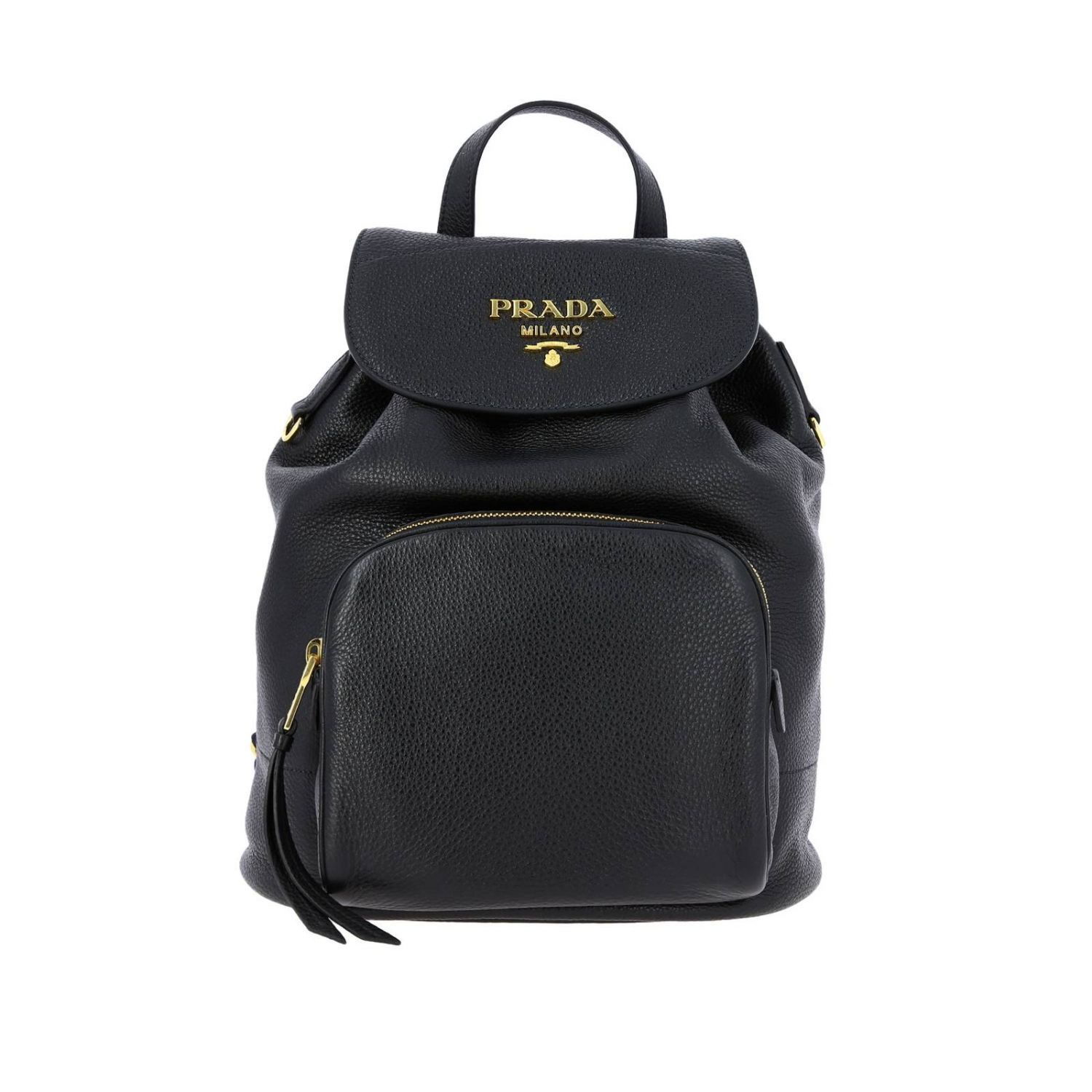 PRADA: backpack in textured leather with metal logo - Black | Prada backpack  1BZ035 OOO 2BBE online on 