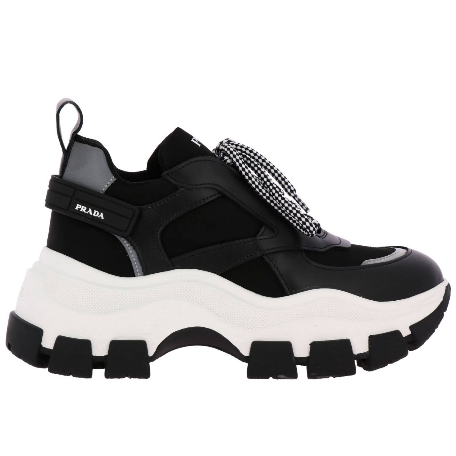 PRADA: Super wedgy lace-up sneakers in nylon and leather with maxi sole -  Black | Prada sneakers 1E586L 3KY9 online on 