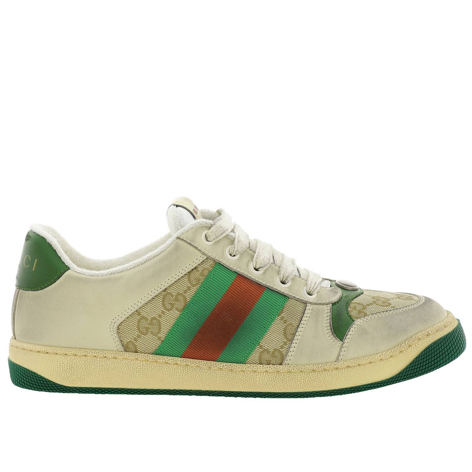 GUCCI: Screener sneakers in vintage leather with Web straps and GG ...