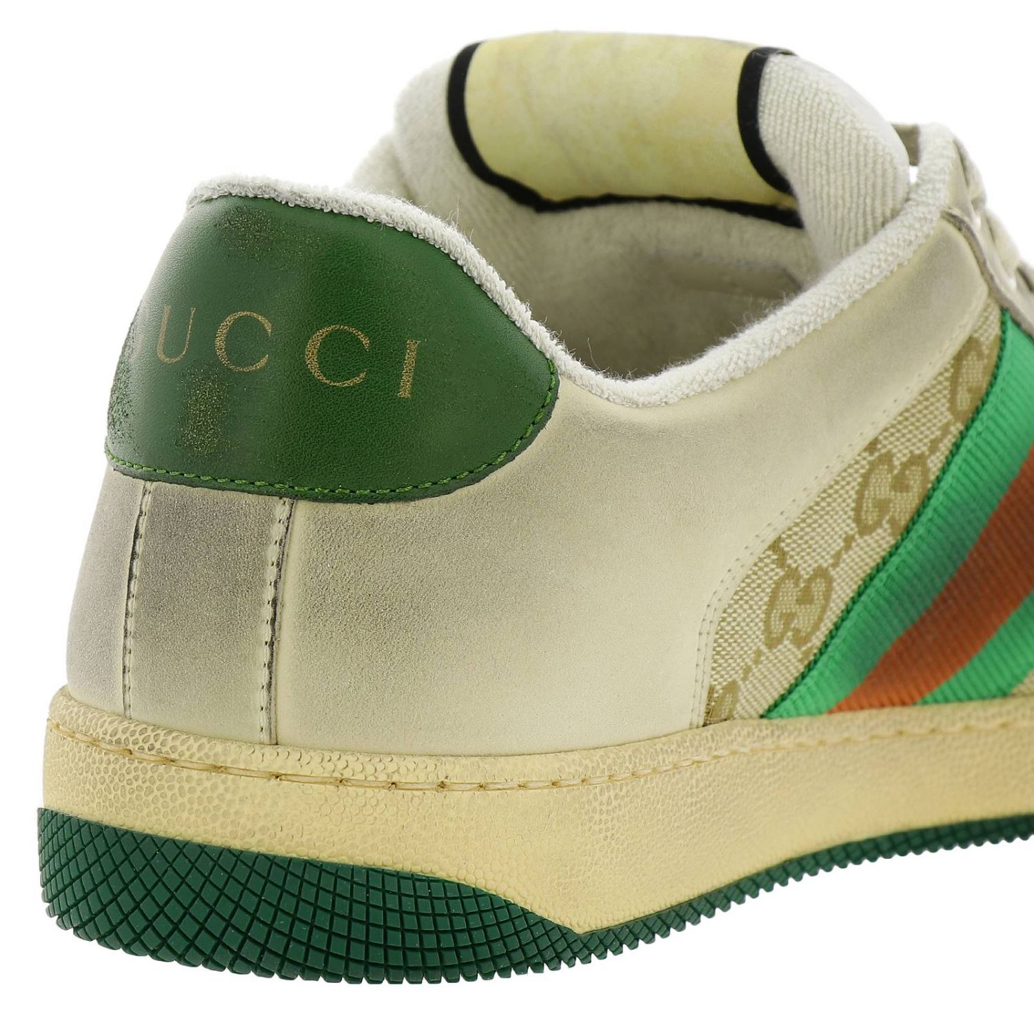 GUCCI: Screener sneakers in vintage leather with Web straps and GG