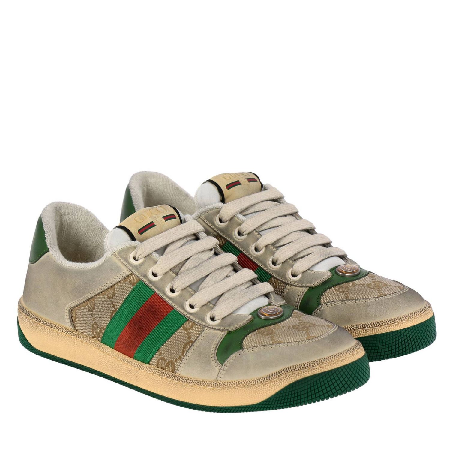 GUCCI: Screener sneakers in vintage leather with Web and canvas bands ...