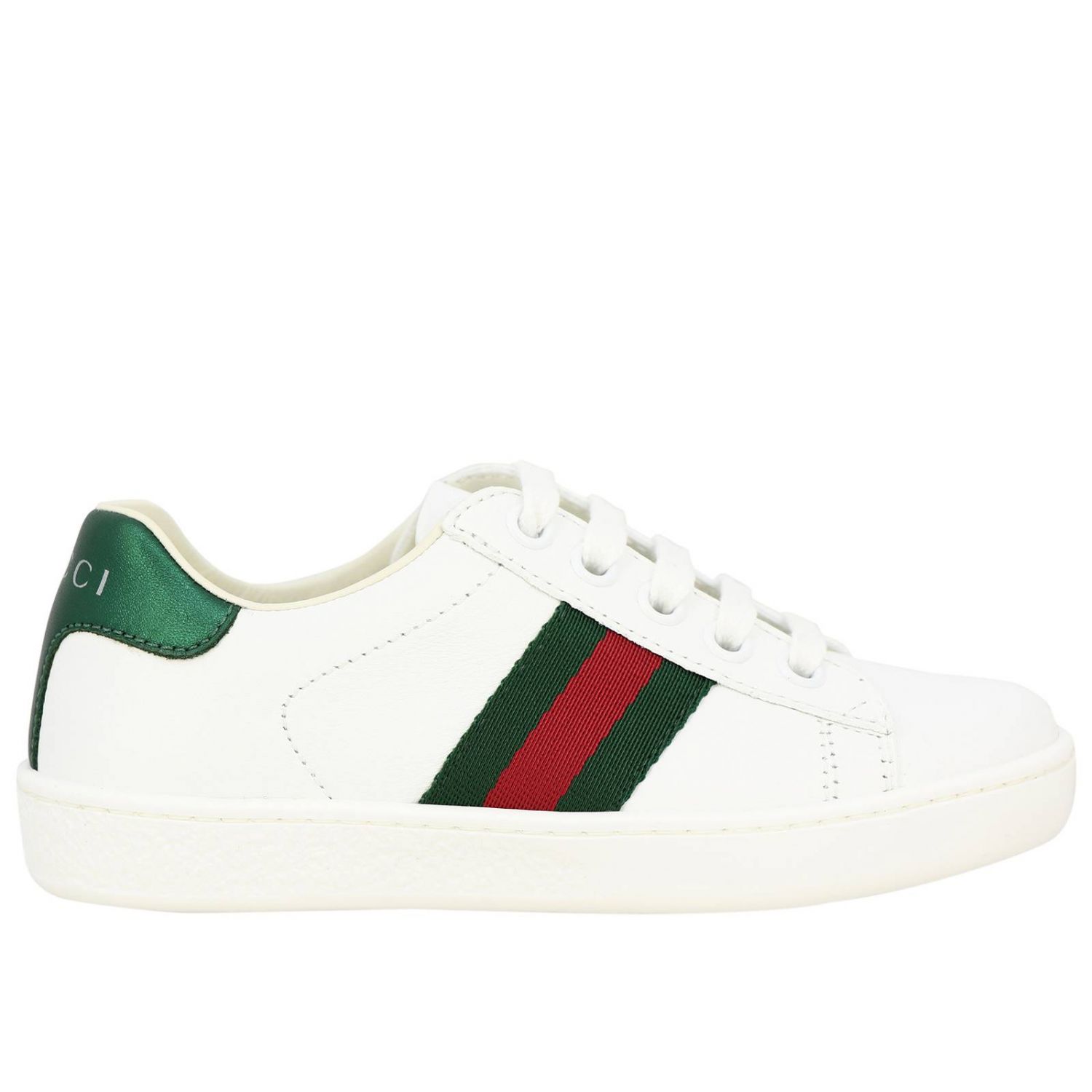 GUCCI: Ace leather up sneakers with Web bands | Shoes Kids White Shoes Gucci 433148 CPWE0 GIGLIO.COM