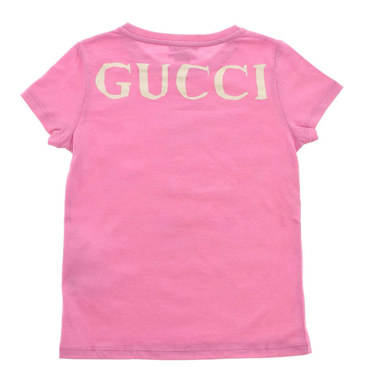 GUCCI: short-sleeved T-shirt with maxi strawberry pattern - Pink ...