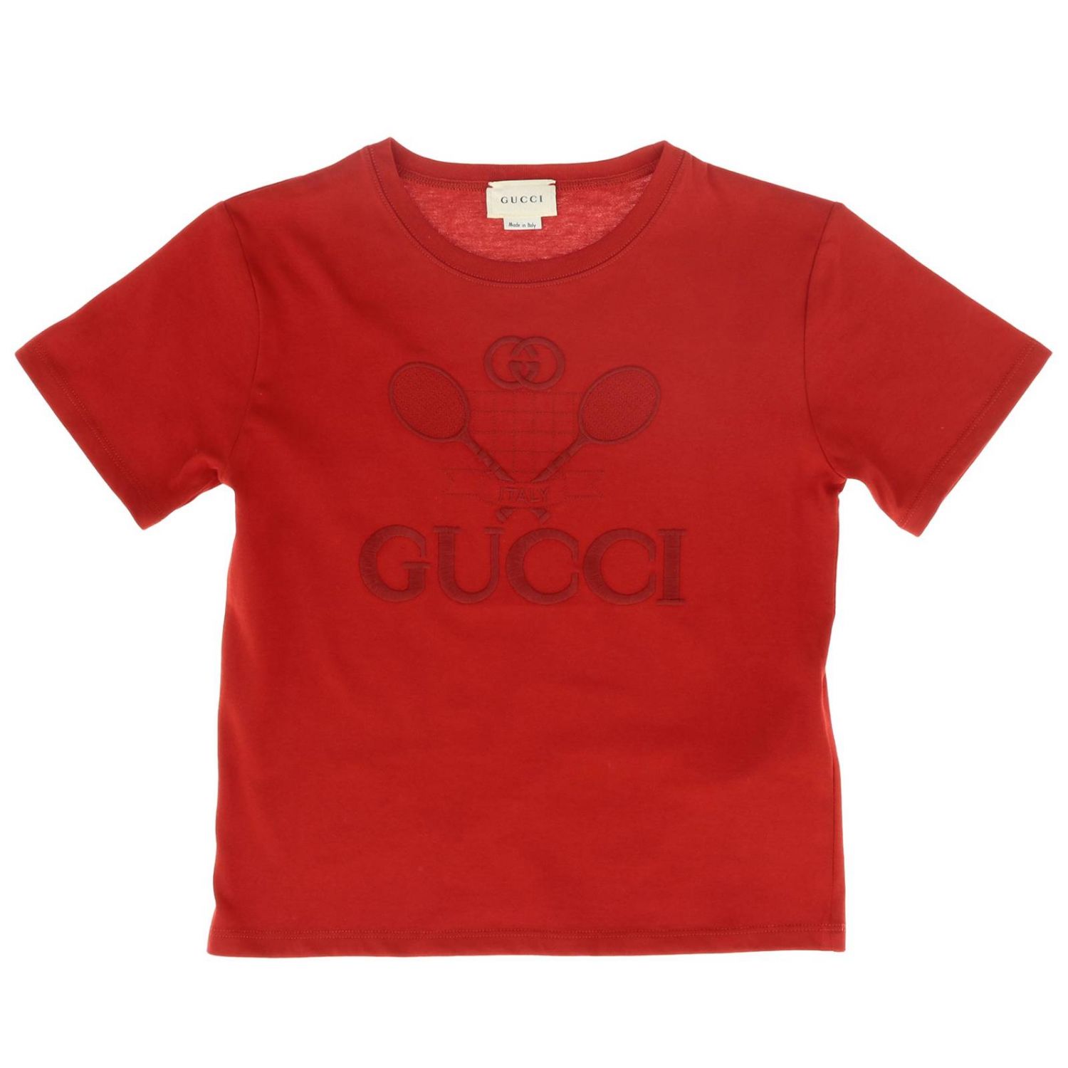 GUCCI: short-sleeved T-shirt with maxi tennis logo - Red | Gucci t ...