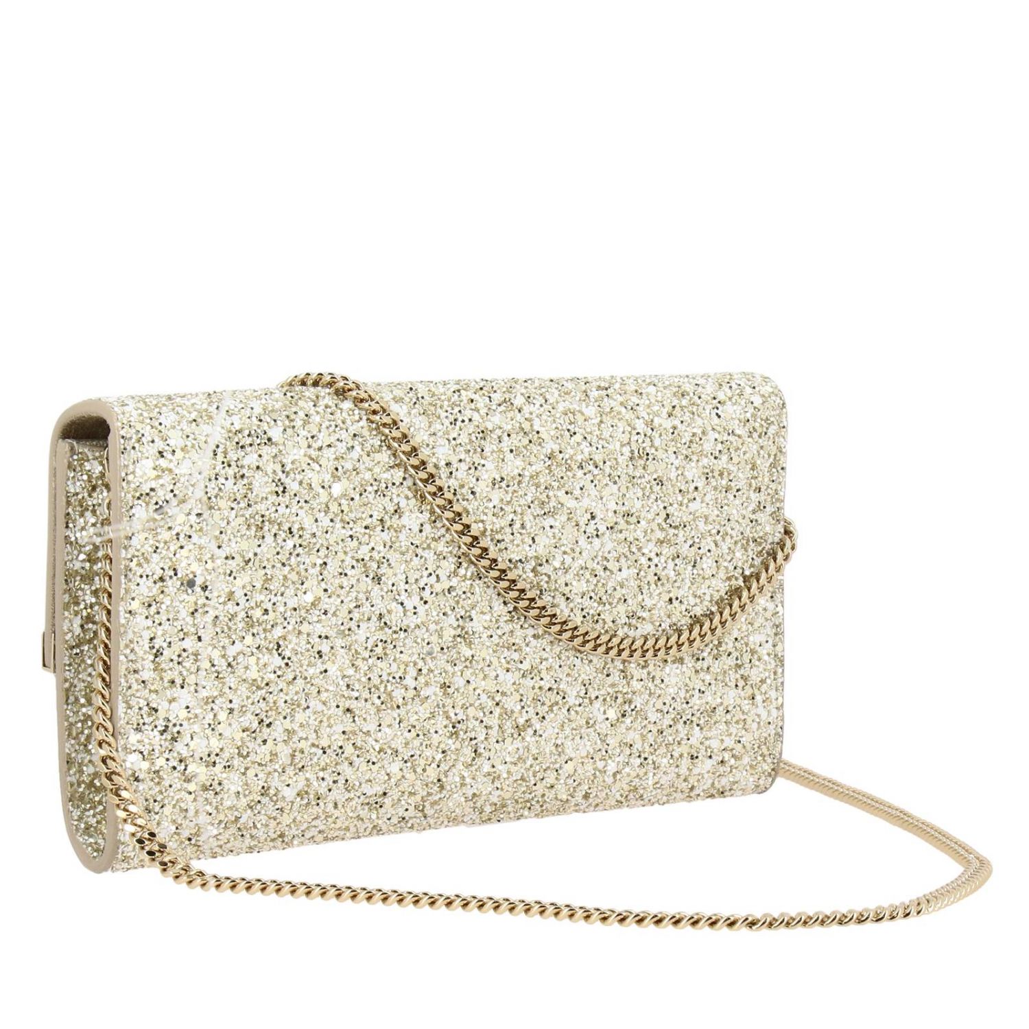Emmie Jimmy Choo glitter clutch with asymmetrical metallic finish and  removable shoulder strap