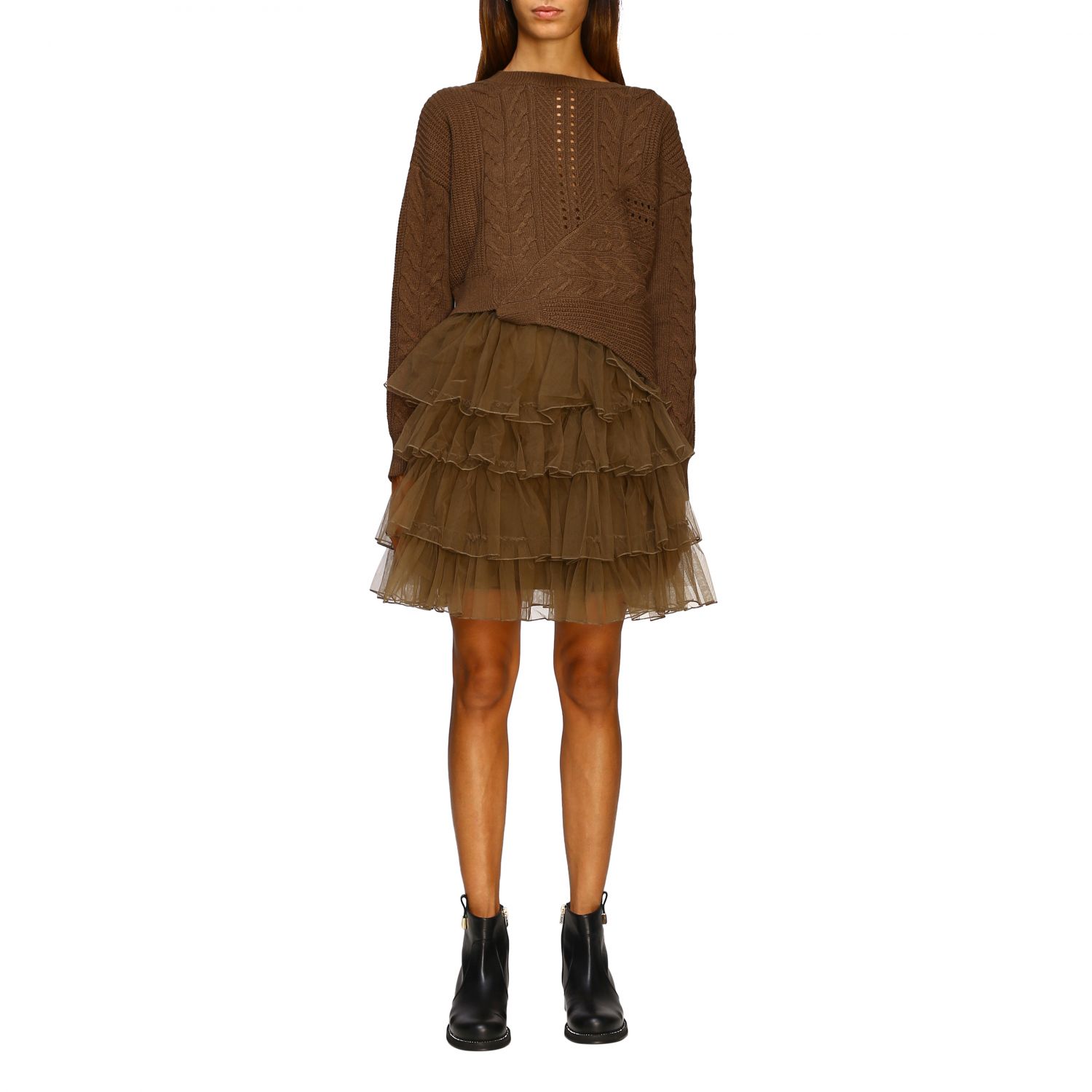 Patrizia Pepe Outlet: Maglia treccia con gonna tulle - Moro | Abito  Patrizia Pepe 8A0615 A5G1 GIGLIO.COM