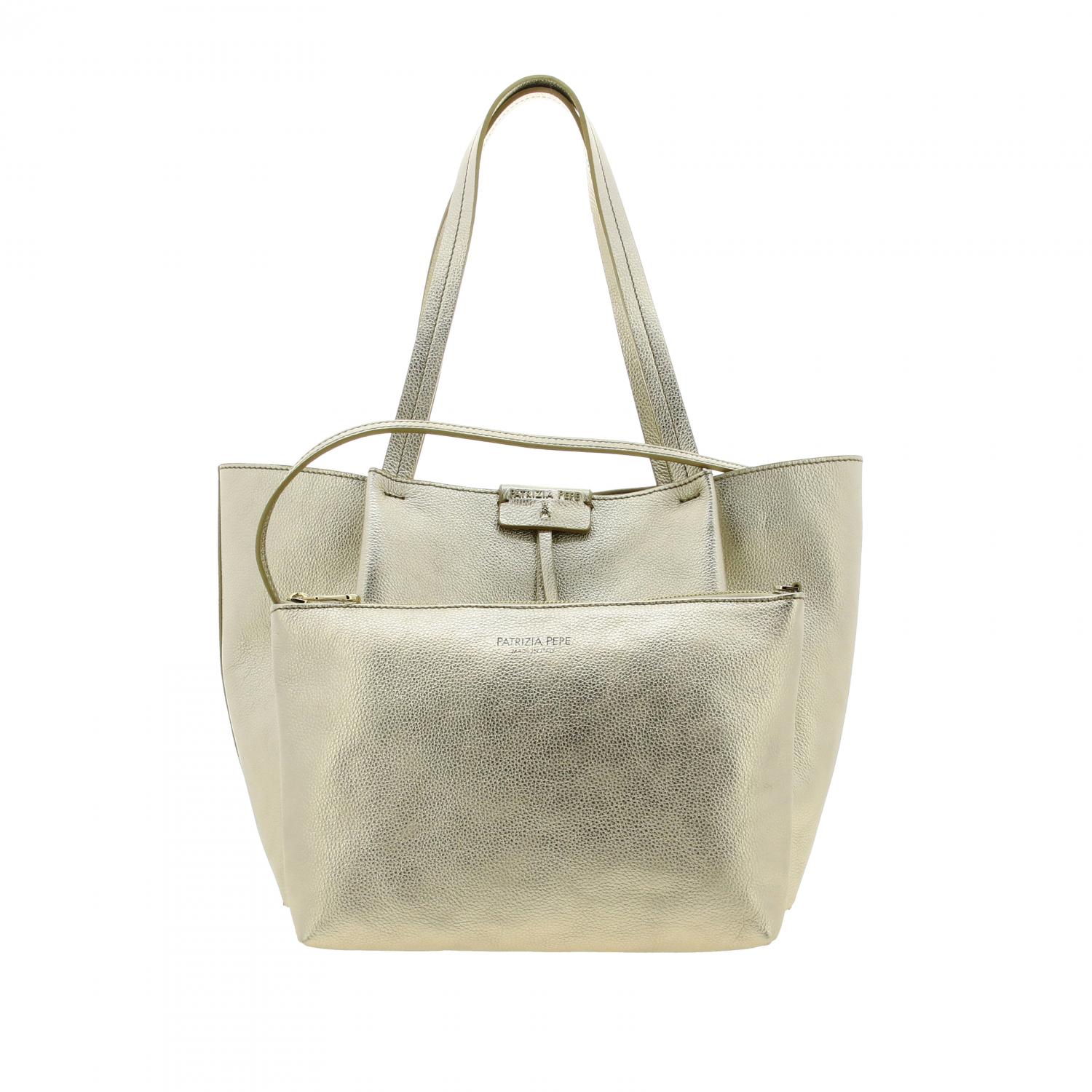PATRIZIA PEPE: Borsa in pelle laminata con logo e pochette - Platino |  Borse Tote Patrizia Pepe 2V8895 A4U8S GIGLIO.COM
