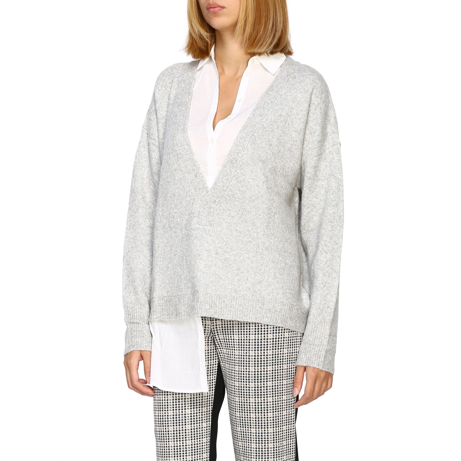 Patrizia Pepe Outlet: Cardigan con finta camicia - Grigio | Maglia