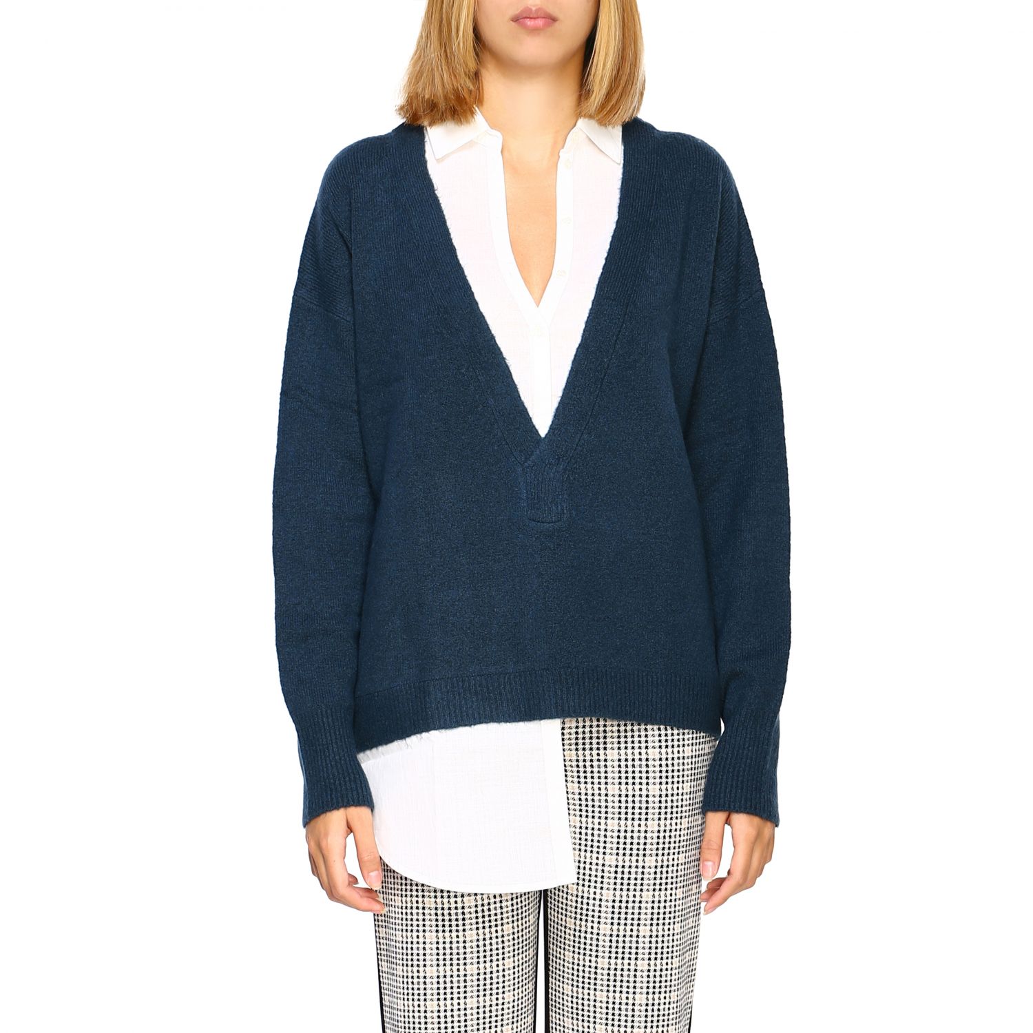 Patrizia Pepe Outlet: Cardigan con finta camicia - Petrolio | Maglia