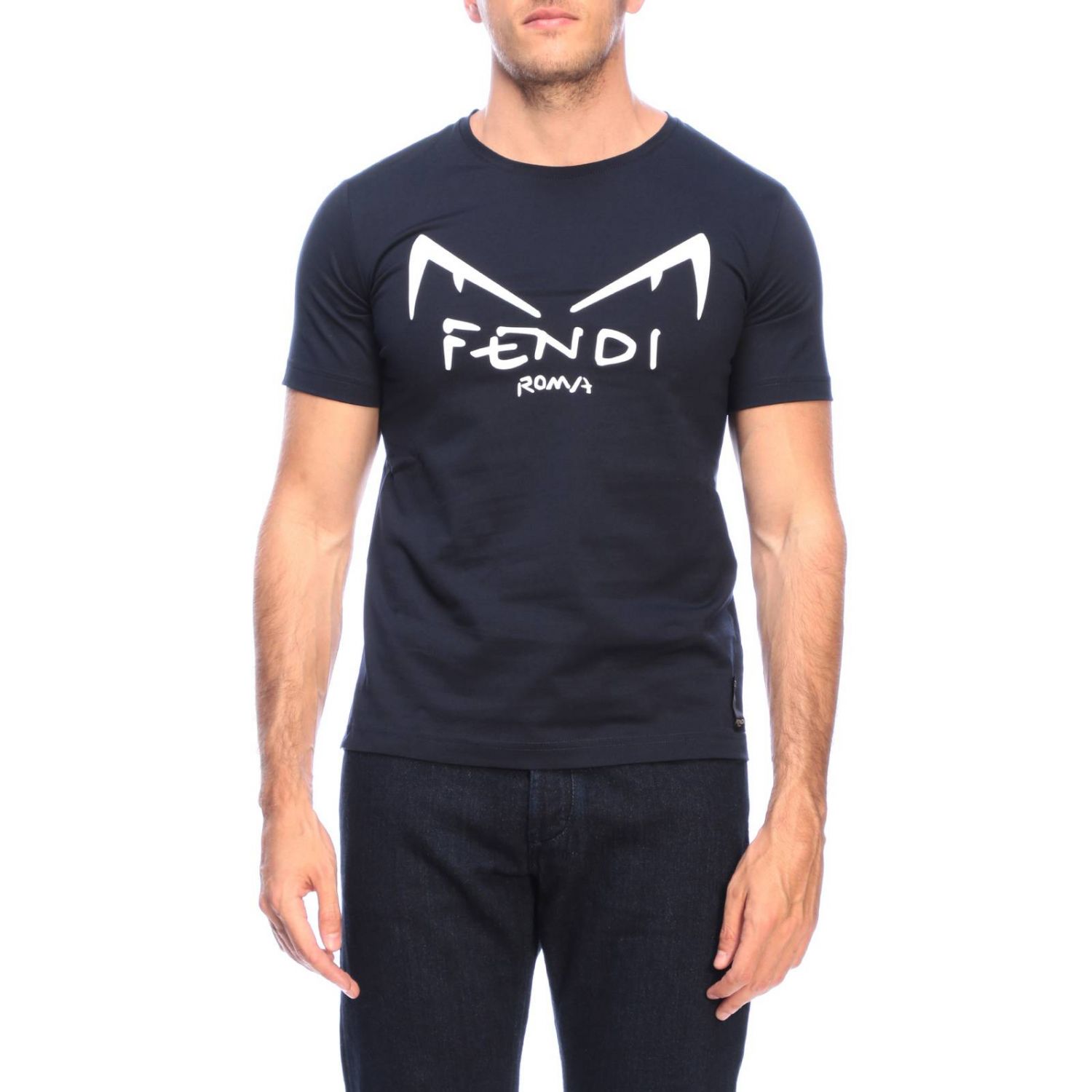 Fendi Outlet Crew Neck T Shirt With Diabolical Maxi Eyes Bag Bugs Blue T Shirt Fendi Fy0894 