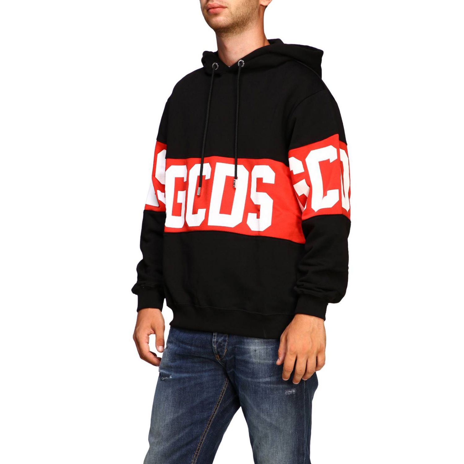 GCDS: Felpa a maniche lunghe con maxi logo e cappuccio - Nero | Maglia Gcds  CC94U020070 GIGLIO.COM