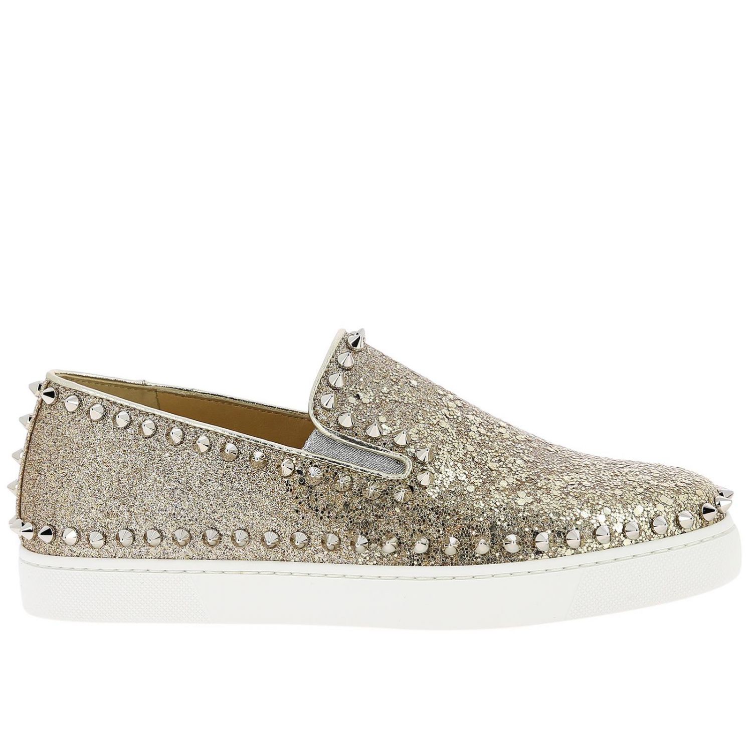 CHRISTIAN LOUBOUTIN: Pik boat slip on glitter leather sneakers with ...