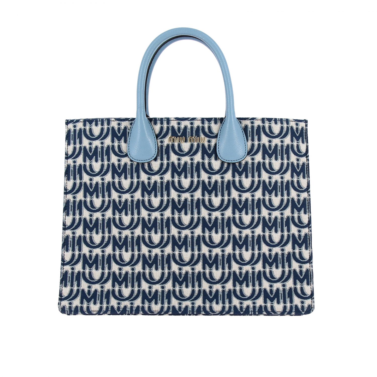 MIU MIU Shopping bag in canvas with all over jacquard logo and leather