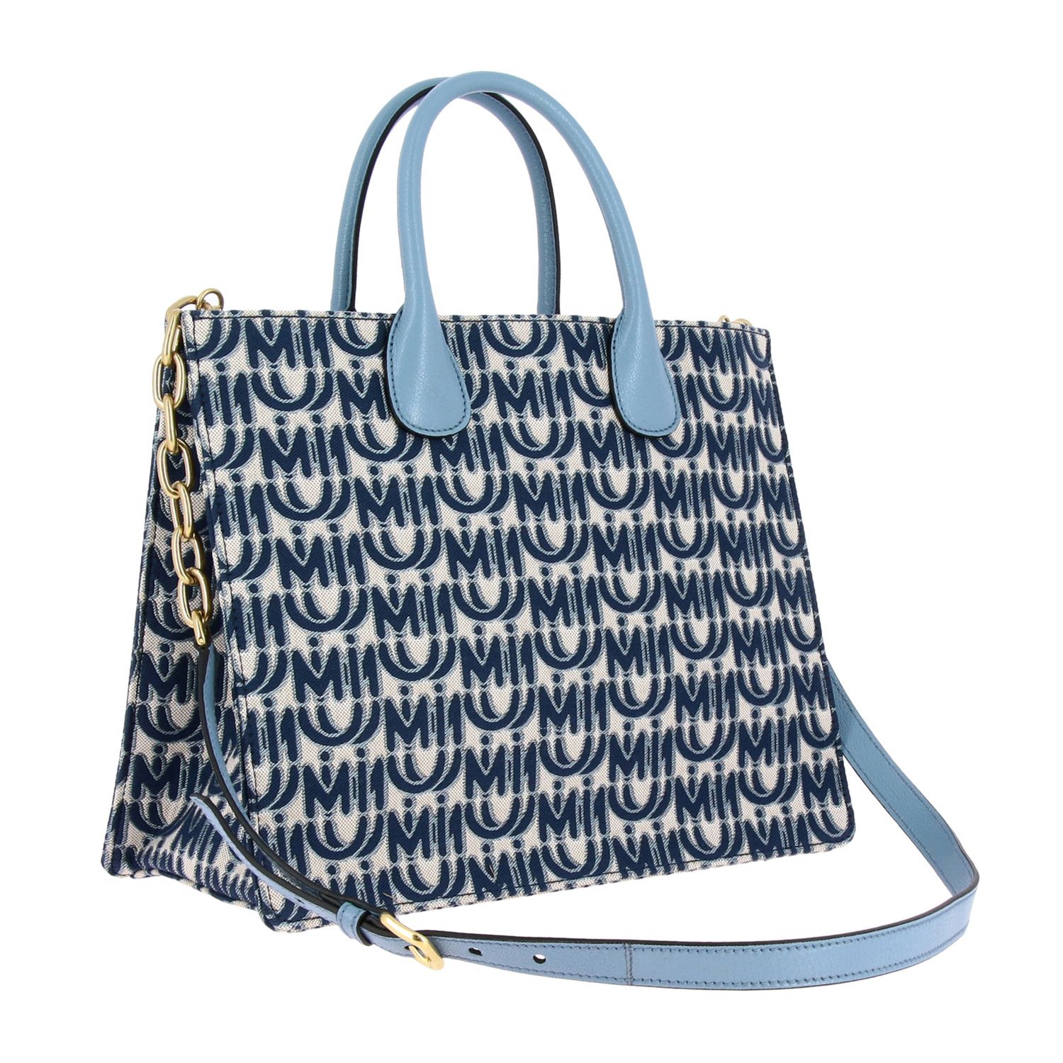 MIU MIU: Shopping bag in canvas with all over jacquard logo and leather ...