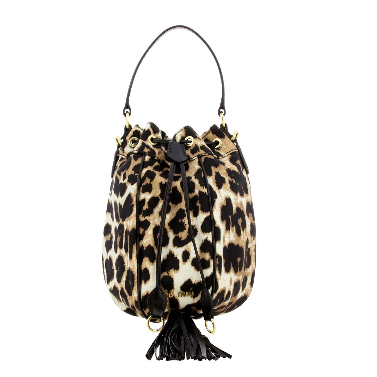 MIU MIU: bucket bag in leather and animalier canvas with fringe | Mini ...