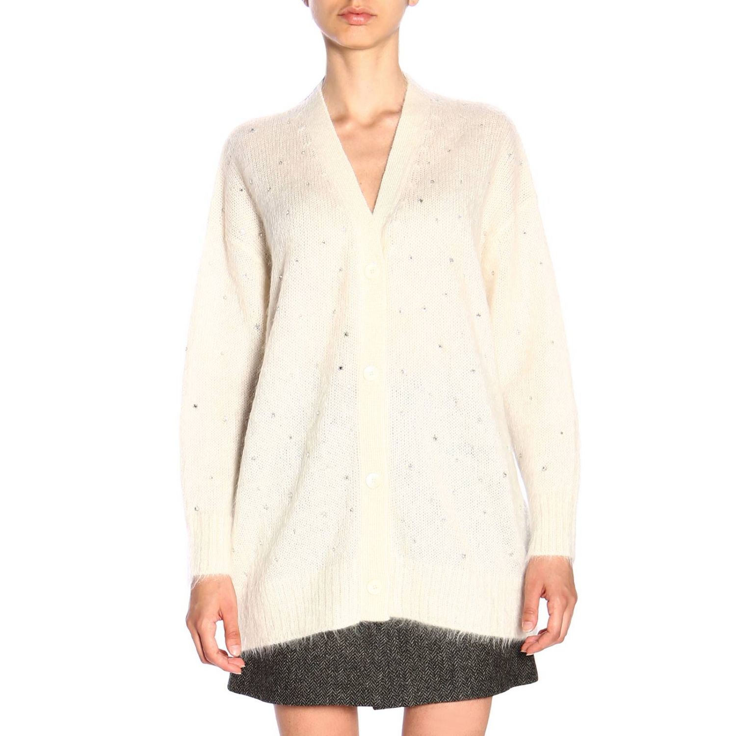 MIU MIU: Cardigan maxi in lana Mohair con strass - Bianco | Maglia Miu Miu  MMF130 1UGJ GIGLIO.COM