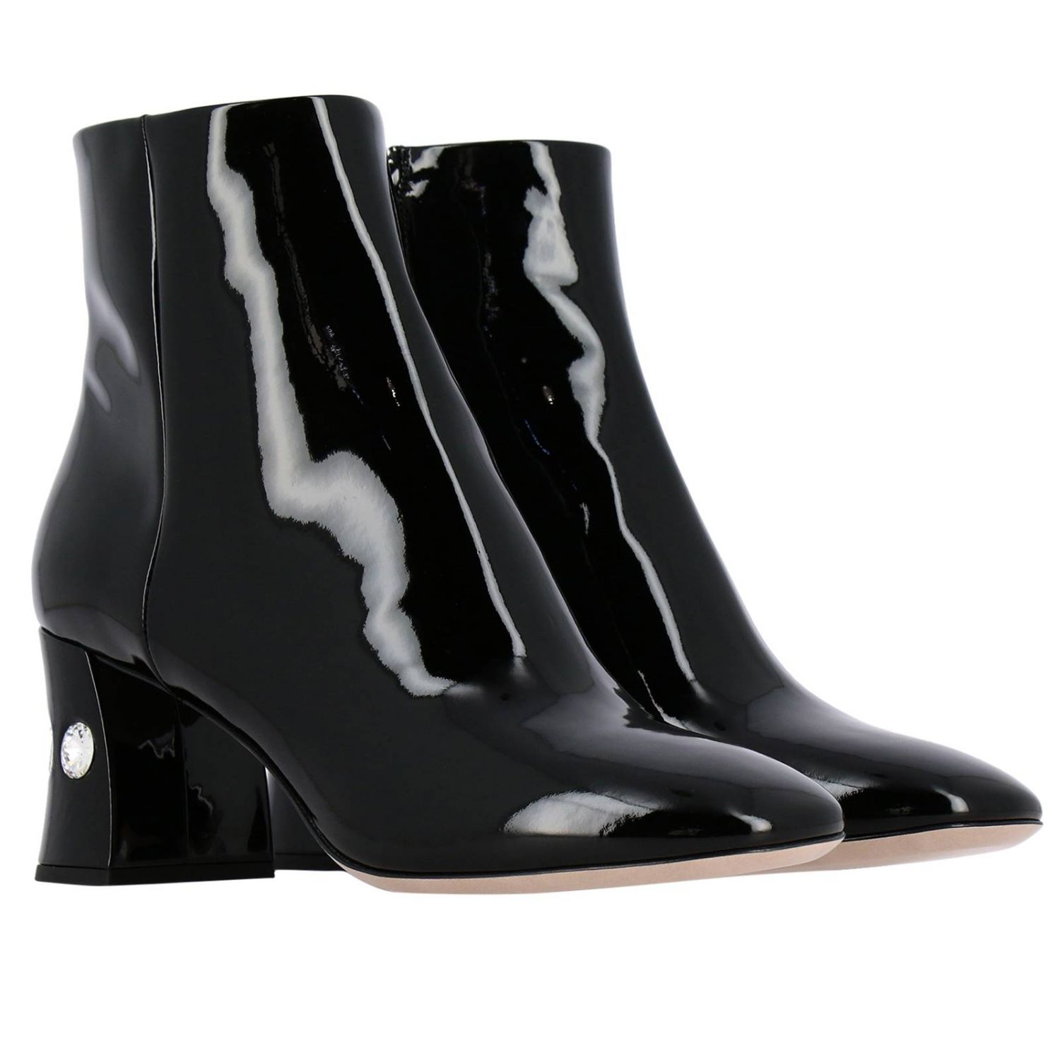 MIU MIU: boots in patent leather with rhinestones - Black | Flat ...