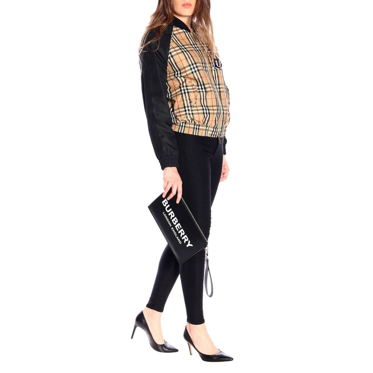 Burberry Outlet: Clutch de cuero con estampado maxi London England - Negro  | Cartera Burberry 8009214 GIGLIO.COM