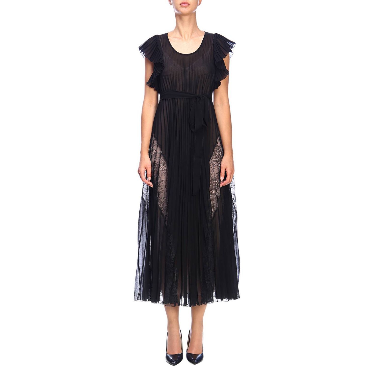 Boutique Moschino Outlet: dress in pleated fabric and lace - Black ...