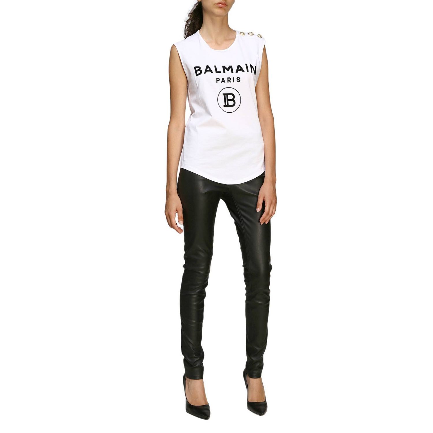 Balmain Outlet: Sleeveless crew neck top with maxi crest and jewel ...
