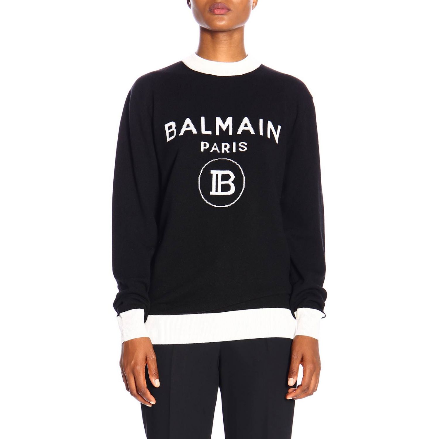 Balmain Outlet: Crewneck sweater with maxi Paris jacquard logo - Black ...