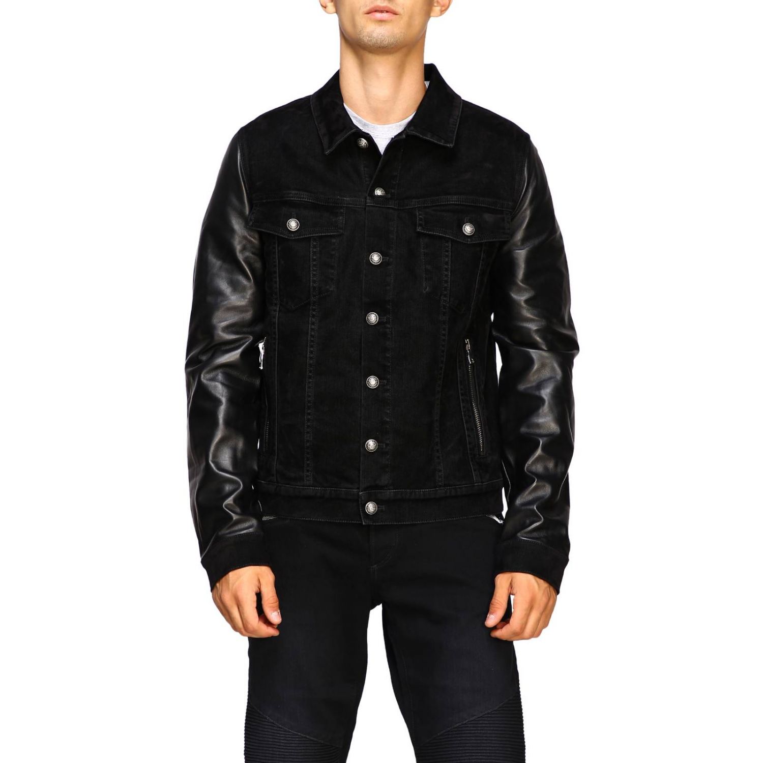 Balmain Outlet: Denim jacket with leather sleeves and | Balmain Men Black | Jacket Balmain SH08458Z564 GIGLIO.COM