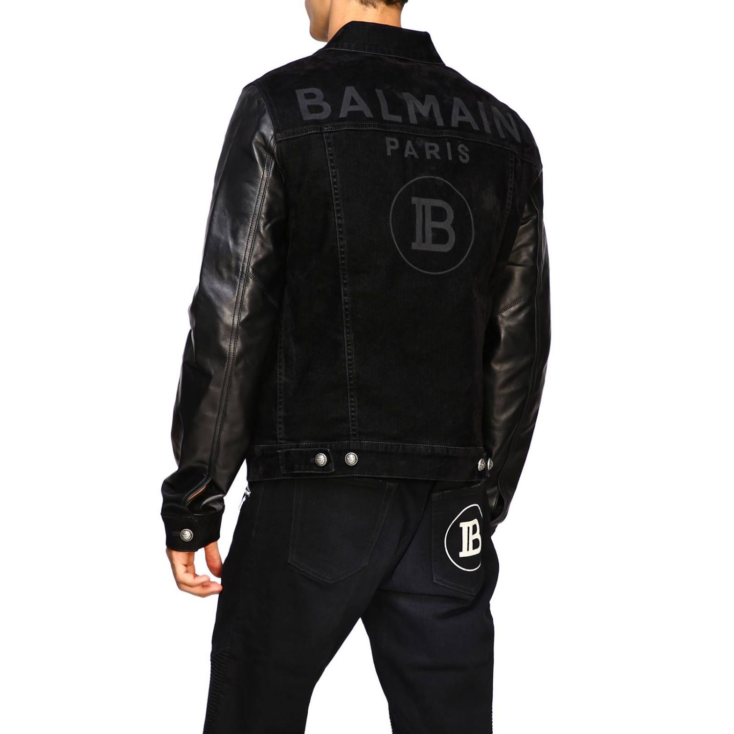 Balmain Outlet: Denim jacket with leather sleeves and | Balmain Men Black | Jacket Balmain SH08458Z564 GIGLIO.COM