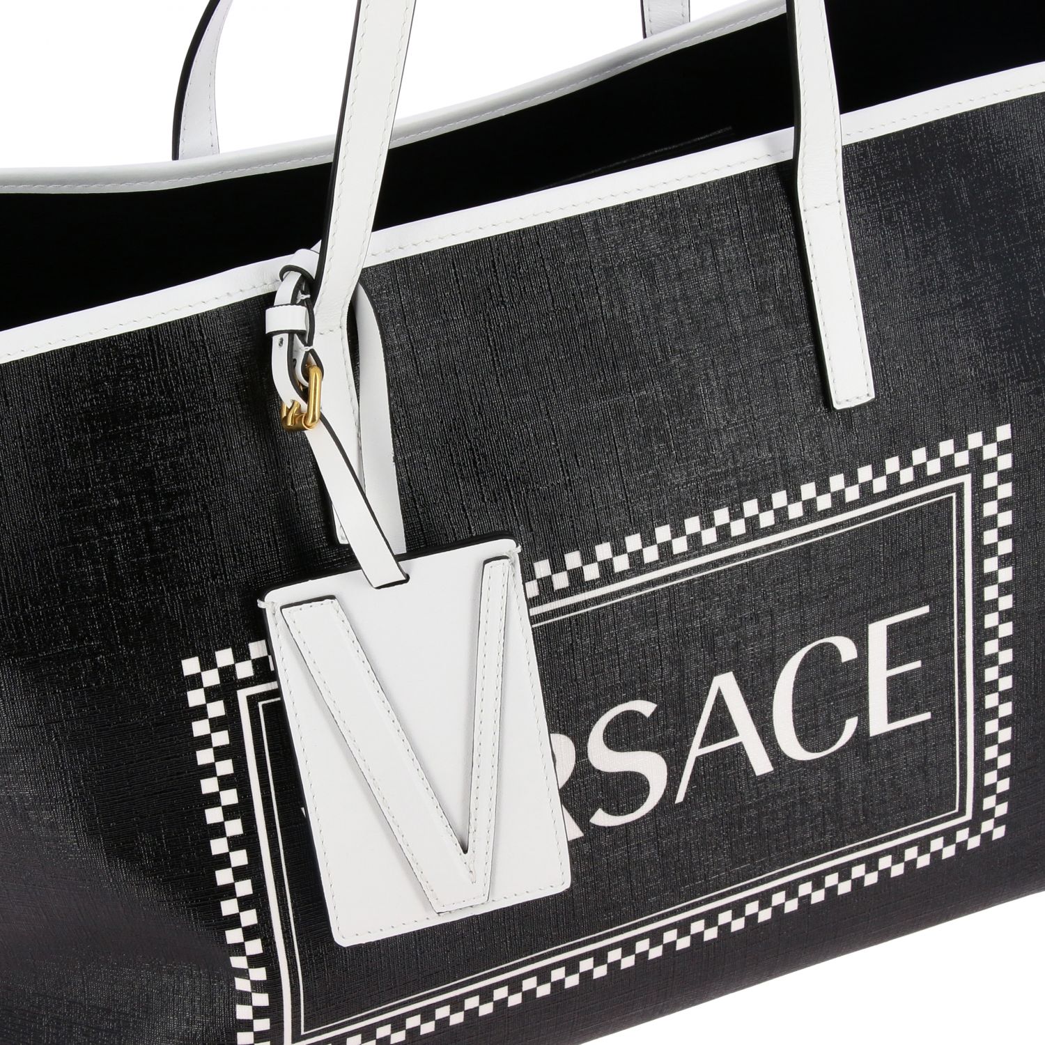 Versace Outlet Vintage 90s leather shopping bag with logo print