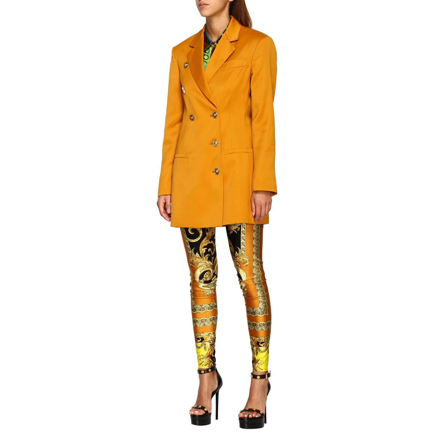 Versace Outlet: Giacca a doppiopetto in satin - Ocra | Blazer Versace  A84138 A231442 GIGLIO.COM