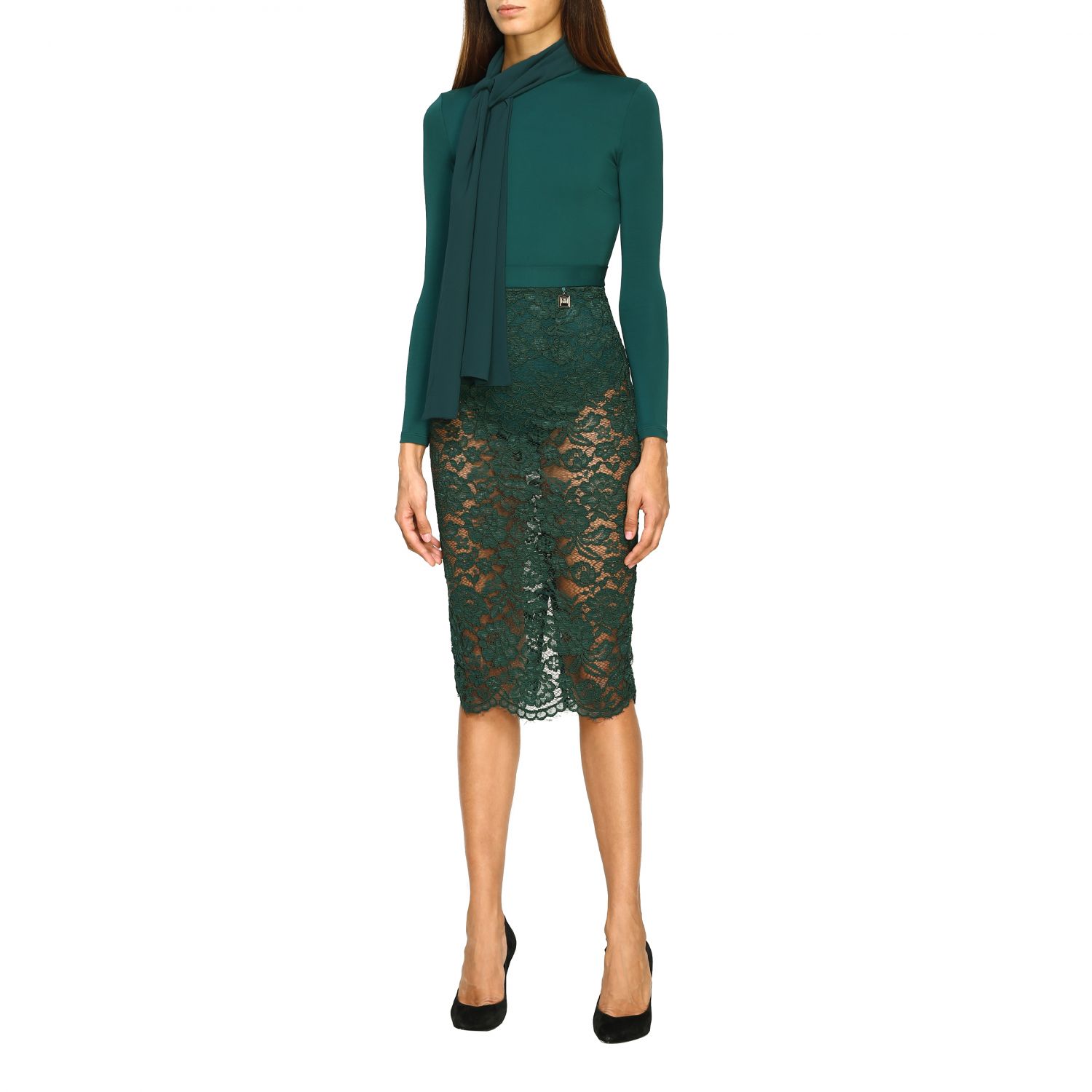 Elisabetta Franchi Outlet: Completo Camicia + Gonna in pizzo - Verde | Completo  Elisabetta Franchi BG001 97E2 GIGLIO.COM