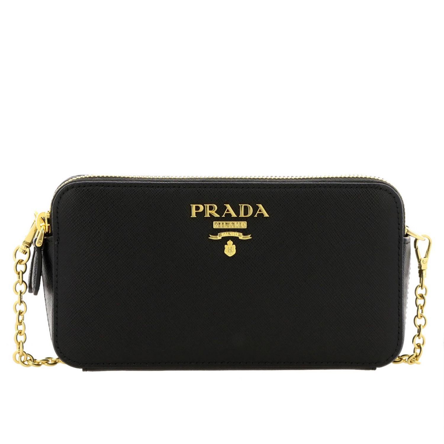 PRADA: shoulder bag in saffiano leather with metal logo - Black | Prada ...