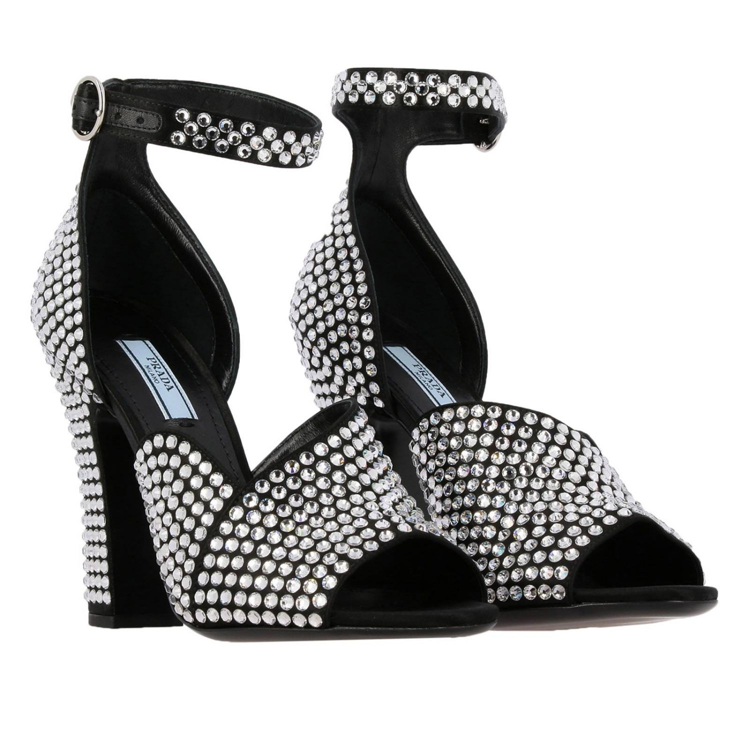 Босоножки на каблуке Prada: Сандалии Prada с открытым носком и кристаллами all over черный 2
