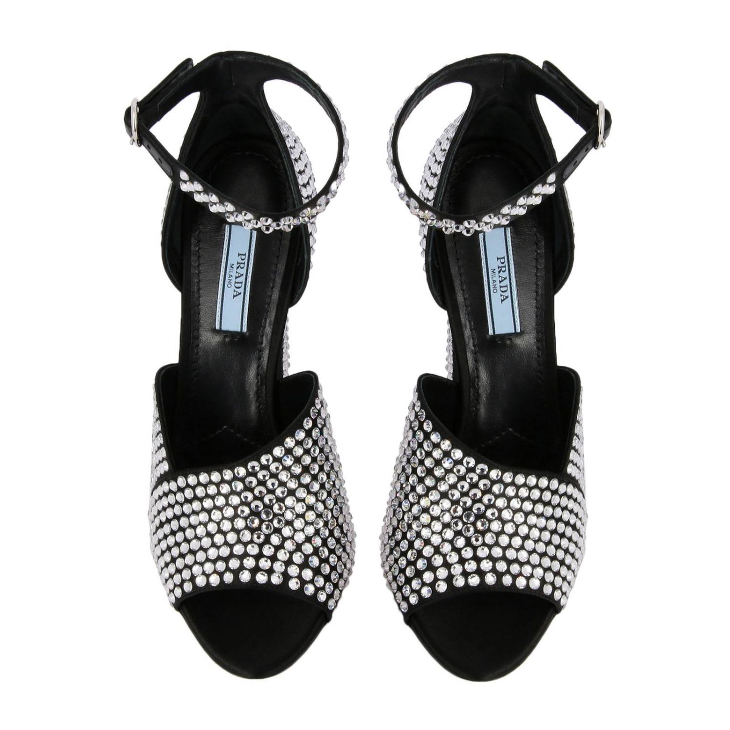 Босоножки на каблуке Prada: Сандалии Prada с открытым носком и кристаллами all over черный 3