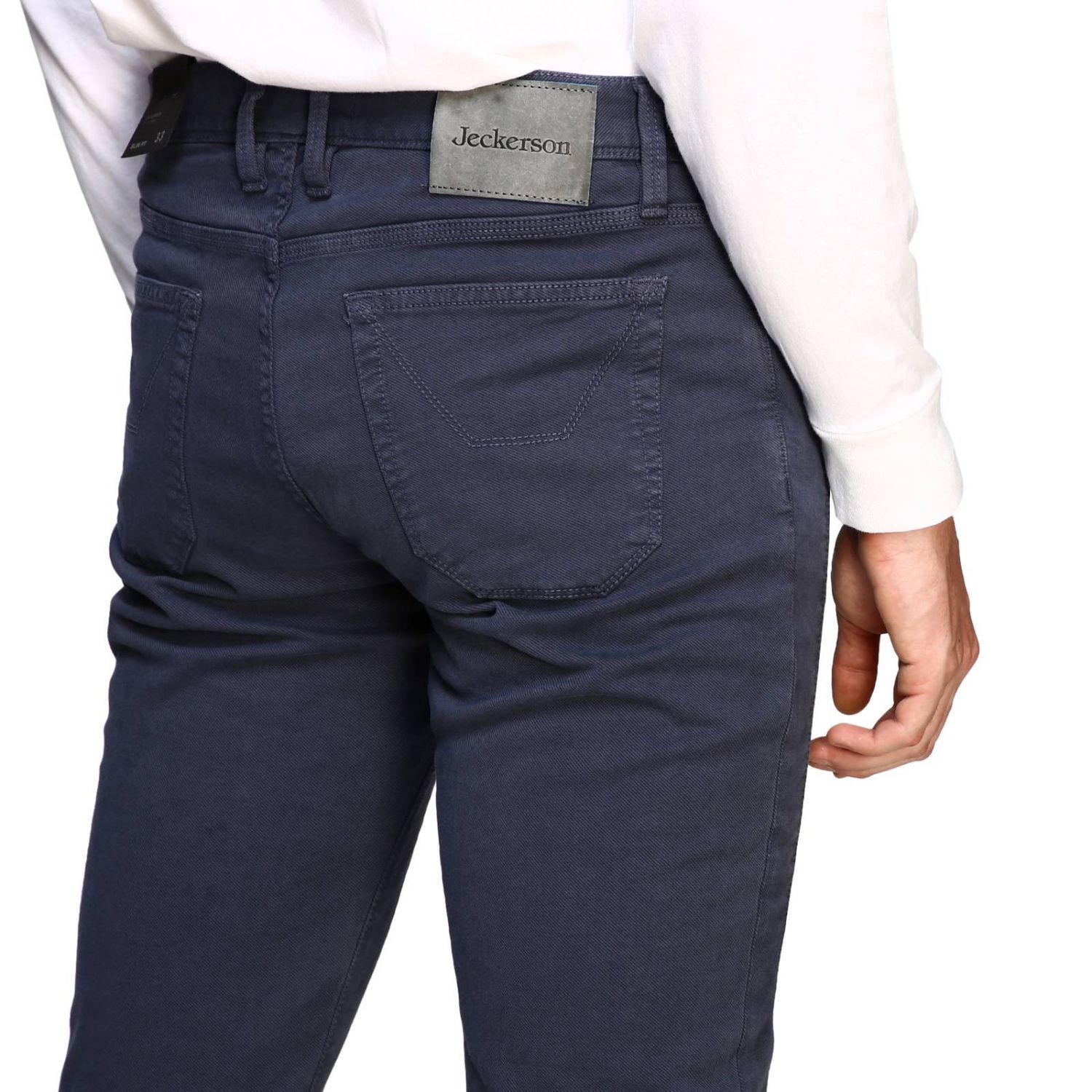 Jeckerson Outlet: Pantalone 5 tasche in tessuto armaturato diagonale  stretch used con toppe e fondo 17 - Blue | Pantalone Jeckerson PA077  T042260 GIGLIO.COM
