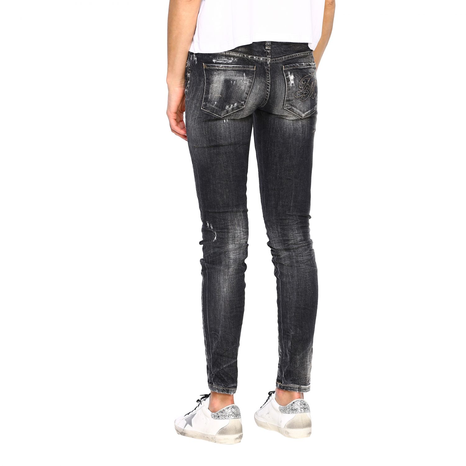 Frankie Morello Outlet: Jeans stretch skinny fit in denim used con rotture  - Nero | Jeans Frankie Morello FWCF9058JE GIGLIO.COM
