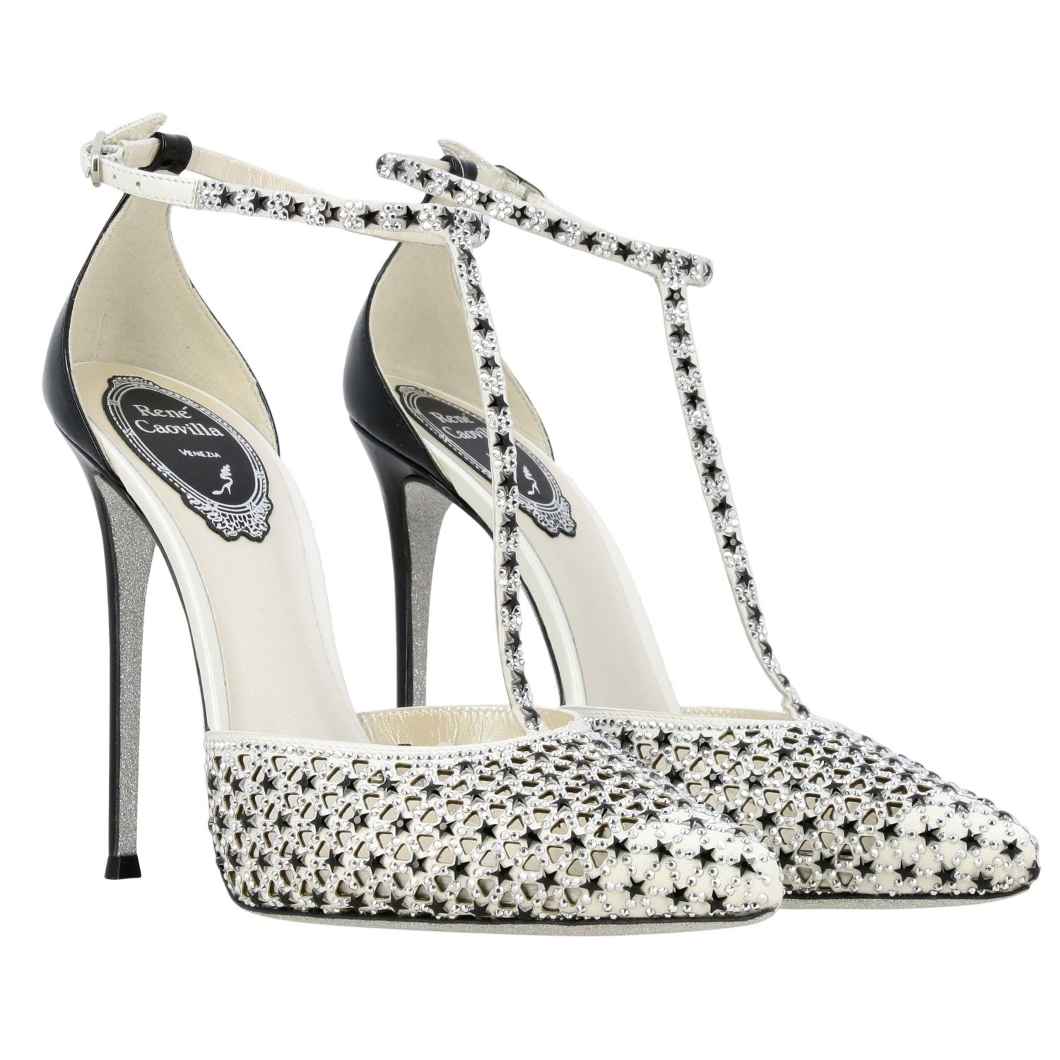 Rene Caovilla Outlet: décolleté in laser-cut leather with little stars and  strass - Black | Pumps Rene Caovilla C10274/115/R001X420 GIGLIO.COM