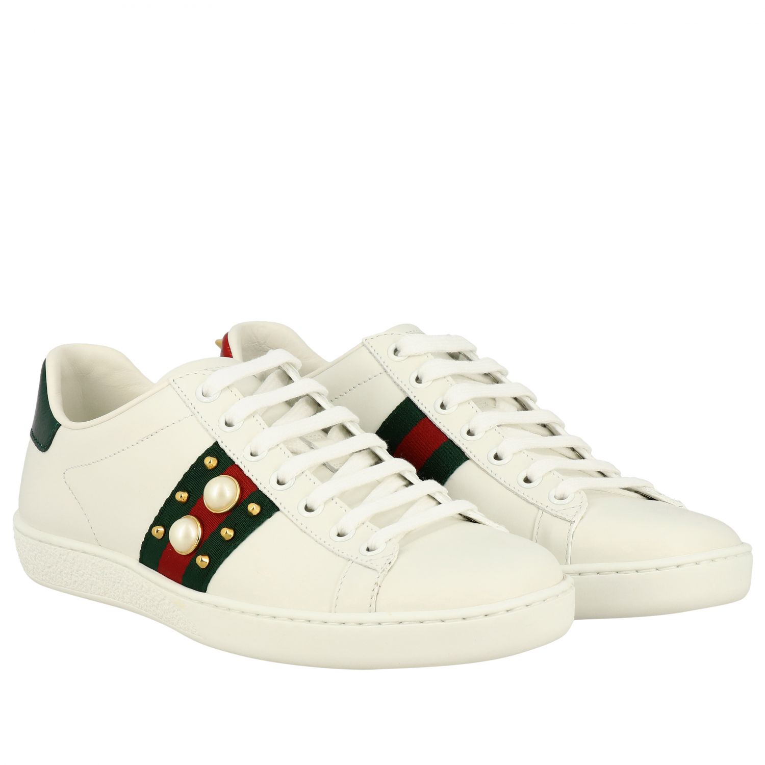 GUCCI: New Ace zapatillas de cuero con de tela maxi perlas y tachuelas, Blanco | Zapatillas Gucci 431887 A38G0 en línea en GIGLIO.COM