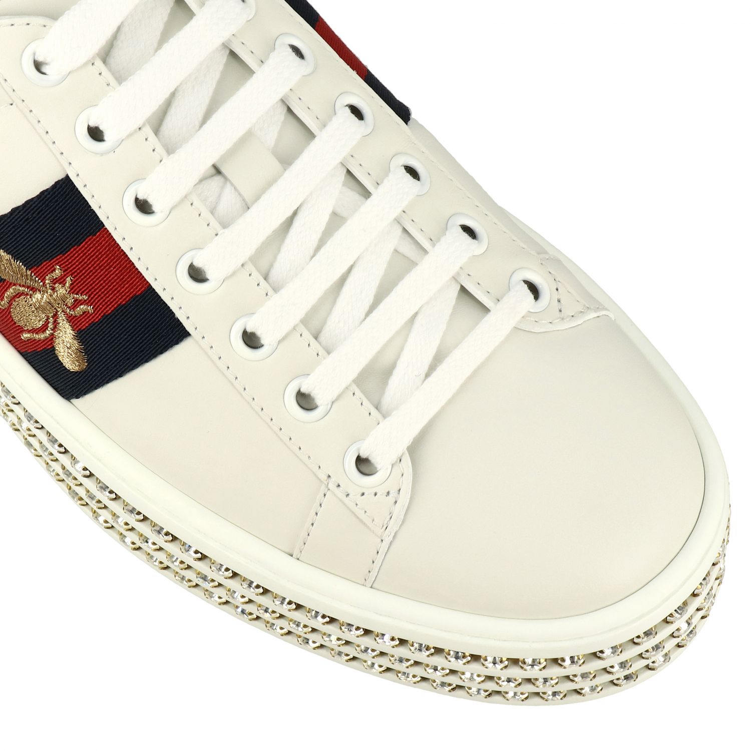 GUCCI: New Ace zapatillas de cuero con bandas web y suela de plataforma de de imitación, Blanco | Zapatillas Gucci 505995 DOPE0 en línea en GIGLIO.COM