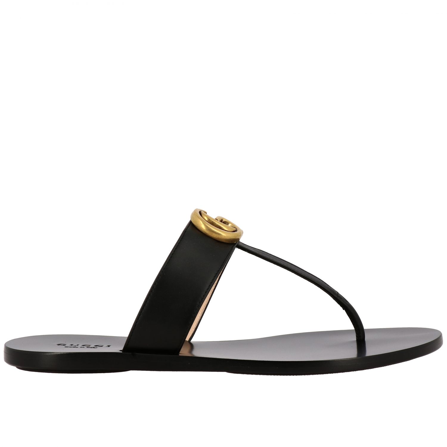 GUCCI: Marmont thong sandal in leather with GG monogram - Black | Gucci ...