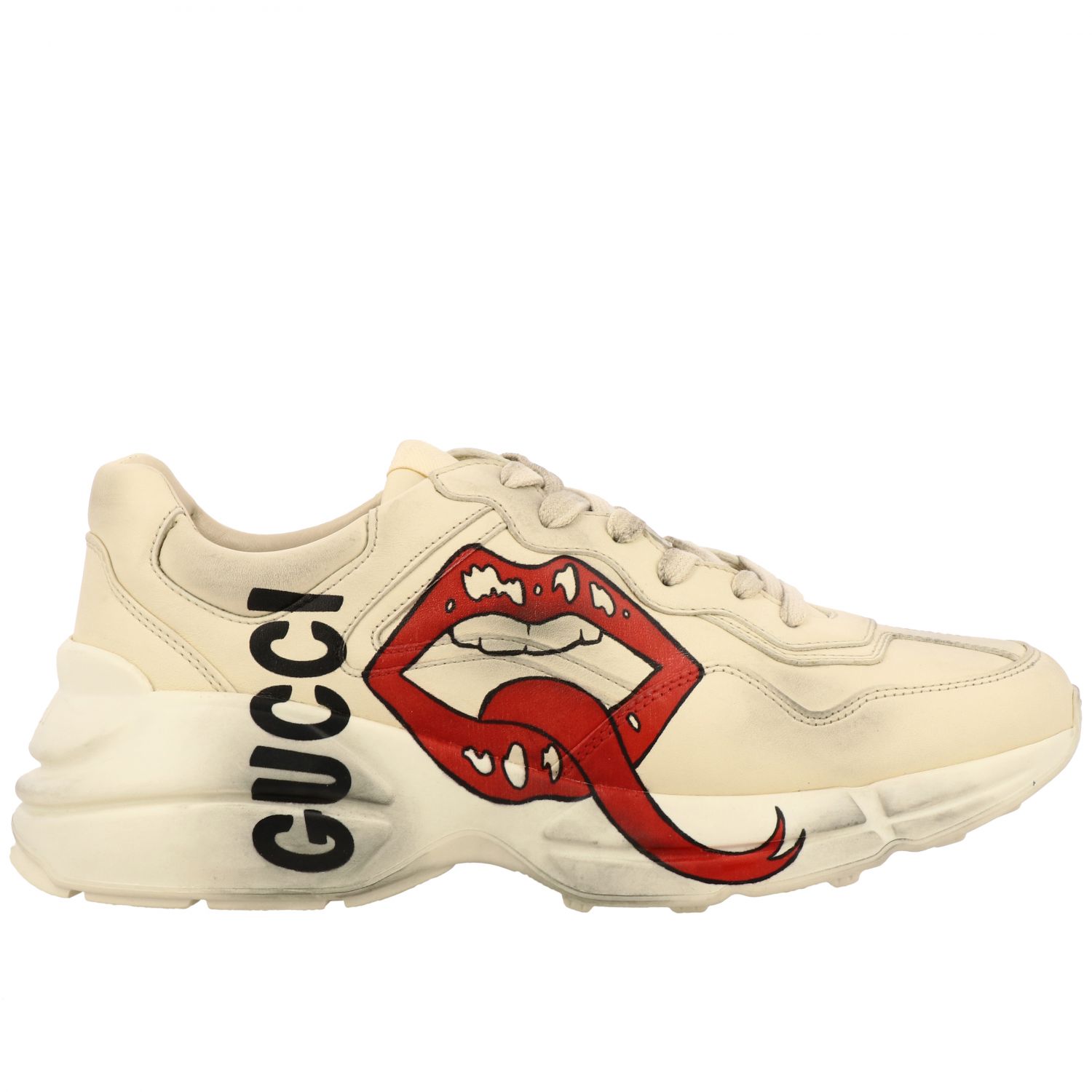 GUCCI: Rhyton leather sneakers with maxi mouth - White | Gucci sneakers