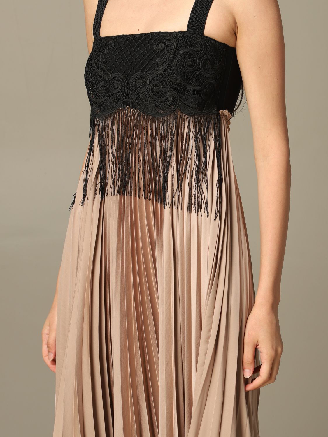 Pinko Outlet: Abito Gelatina plissettato in pizzo con frange - Mastice | Abito  Pinko 1G14PY-7928 GELATINA GIGLIO.COM