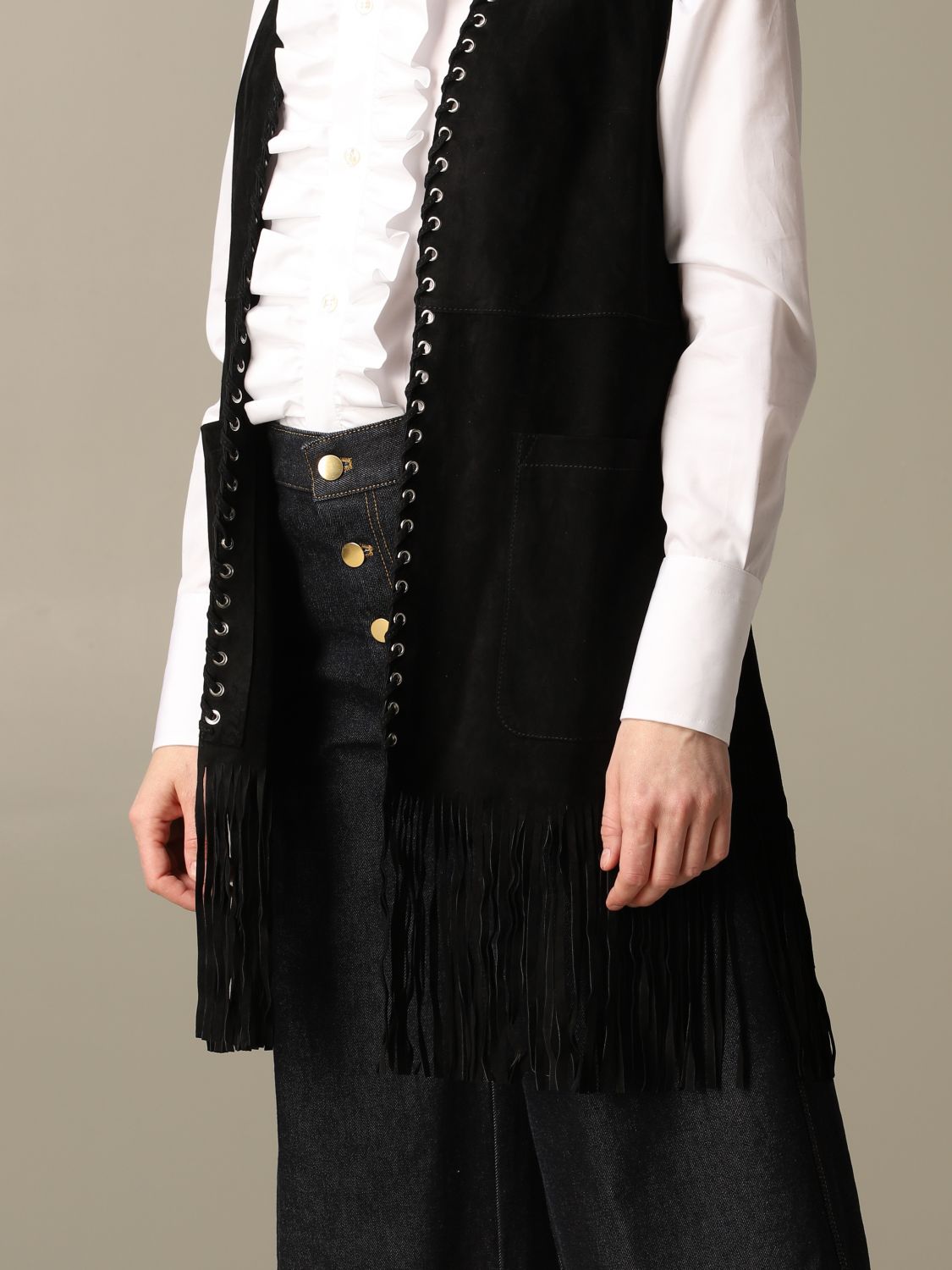 Golden Goose Outlet: Gilet in camoscio con frange e laseratura - Nero |  Blazer Golden Goose G36WP139 A1 GIGLIO.COM