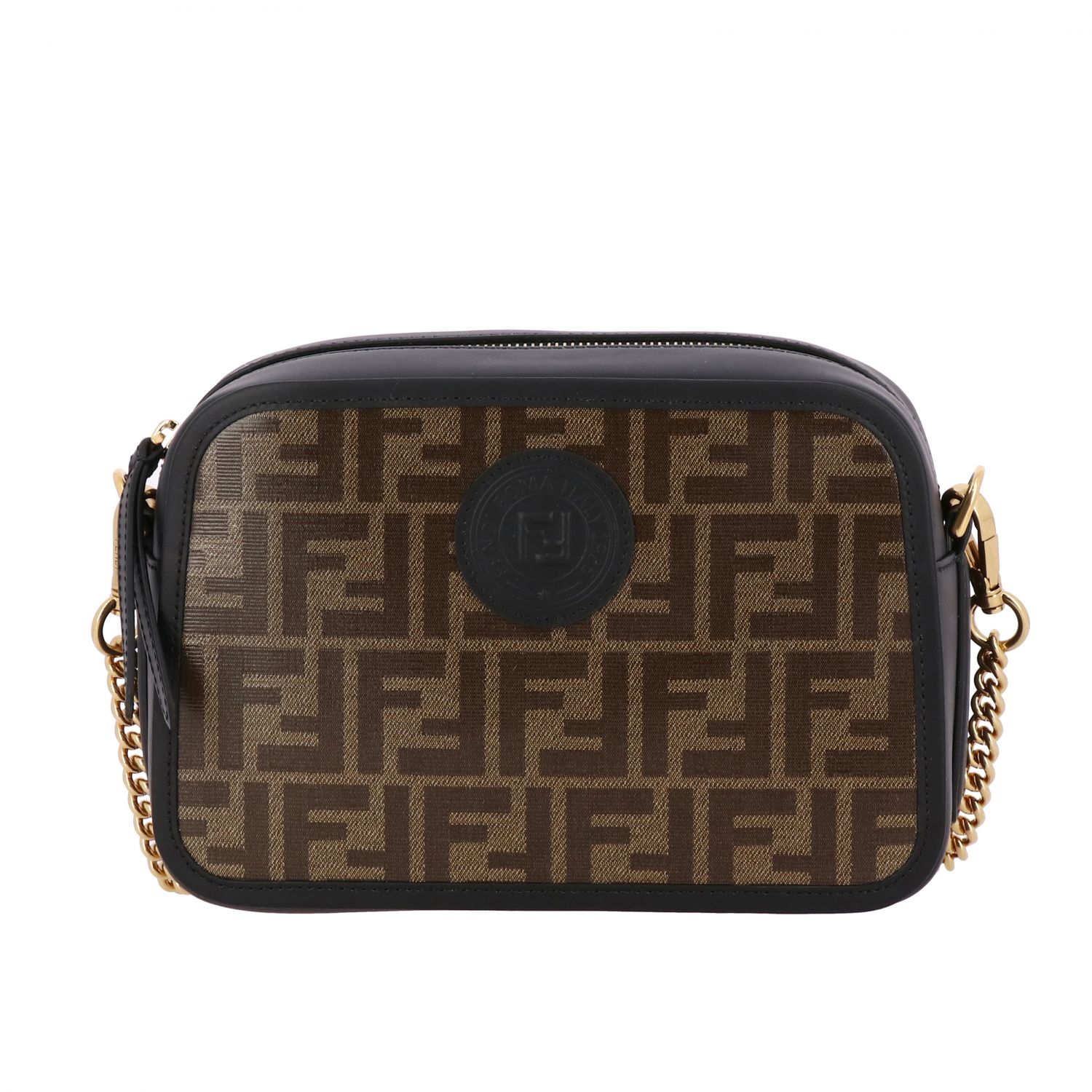 FENDI: shoulder bag in vitrified leather with all-over FF print - Brown ...
