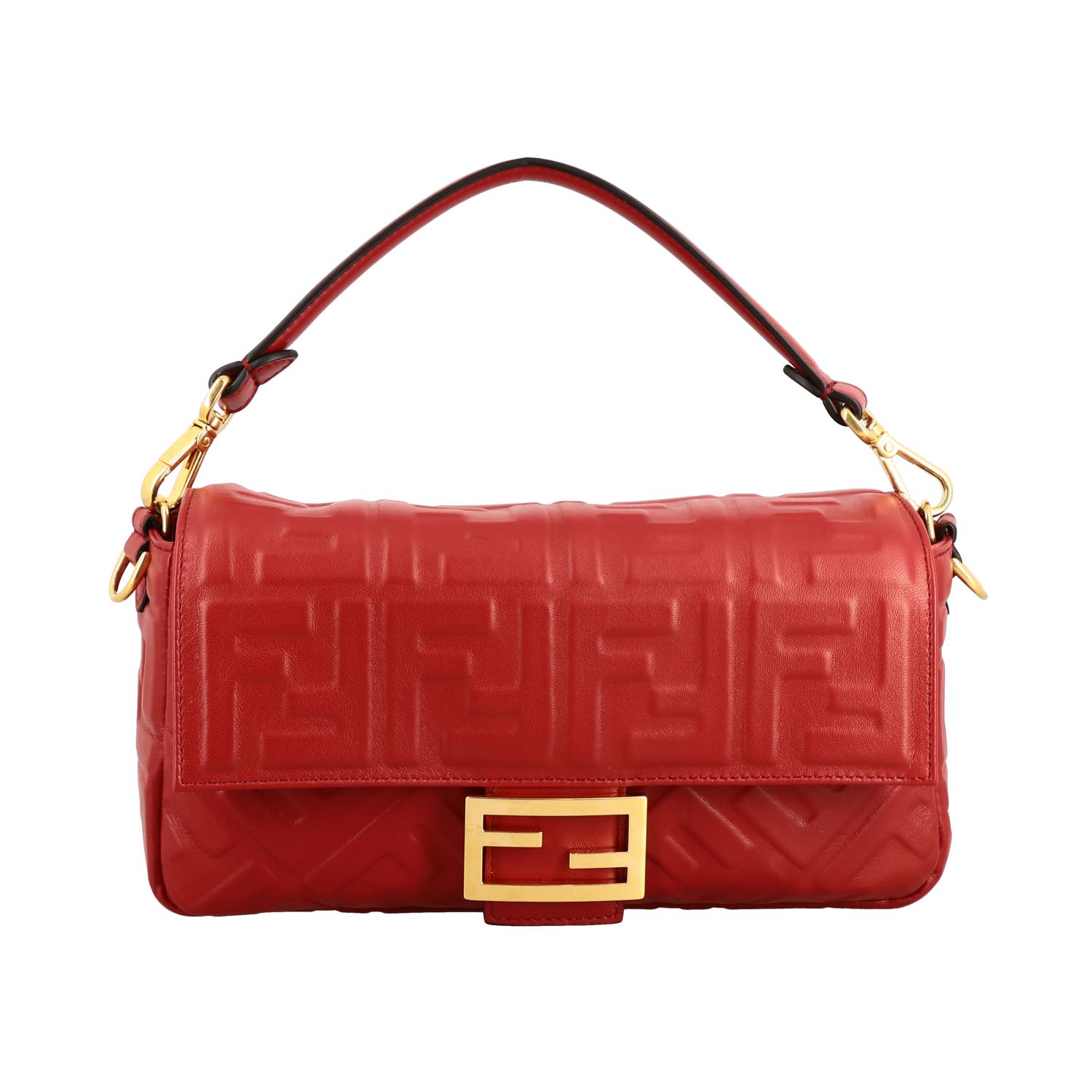 FENDI: Baguette bag in leather with embossed logo - Red | Fendi ...