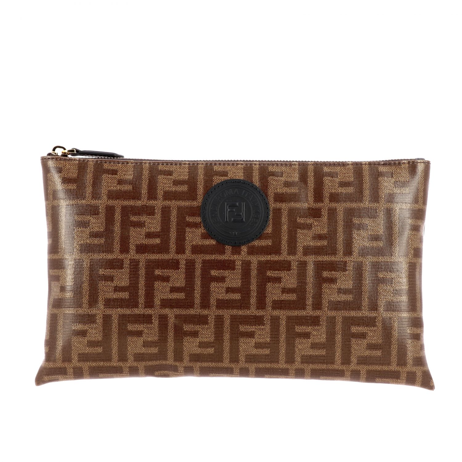 FENDI: Clutch bag in vitrified leather with FF print and leather badge ...