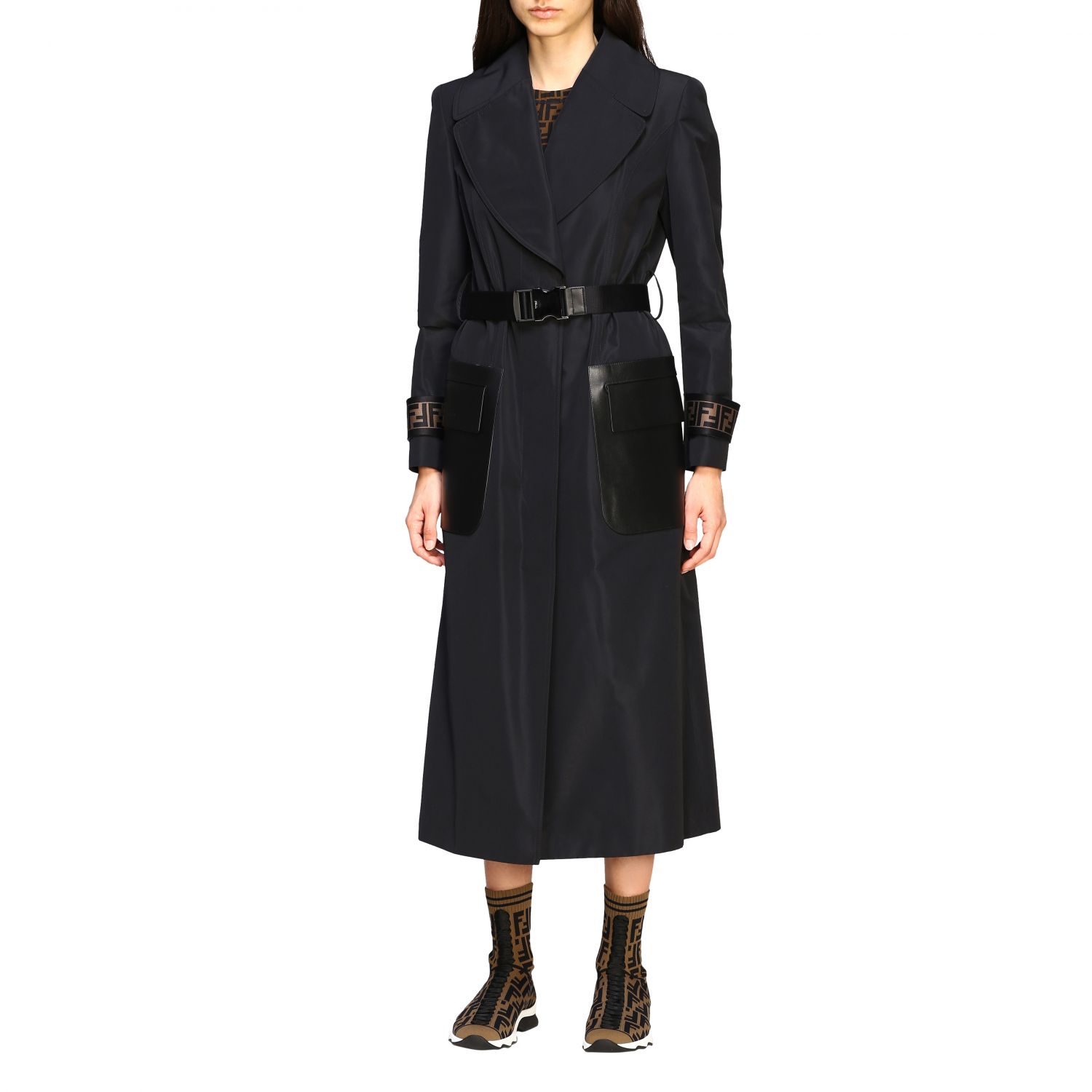 FENDI: long trench coat with FF bands and leather pockets | Coat Fendi ...