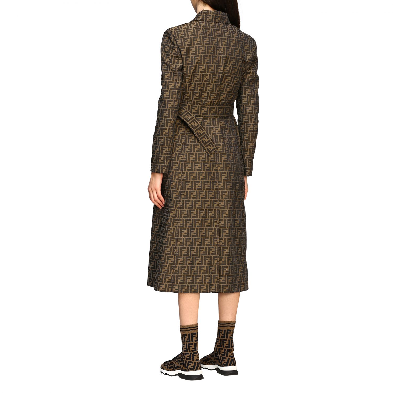FENDI: long trench coat in canvas with all over FF monogram - Brown